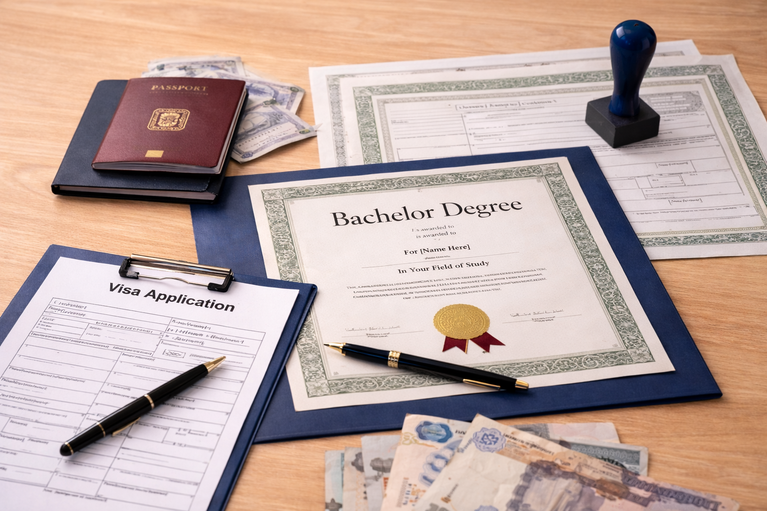 Dokumente, Reisepass und Bachelorurkunde für Visumsantrag